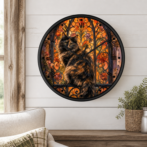 A round wall clock with a black frame and a stained-glass-style design featuring a fluffy brown cat, mounted on a white shiplap wall above a wooden shelf with a plant.