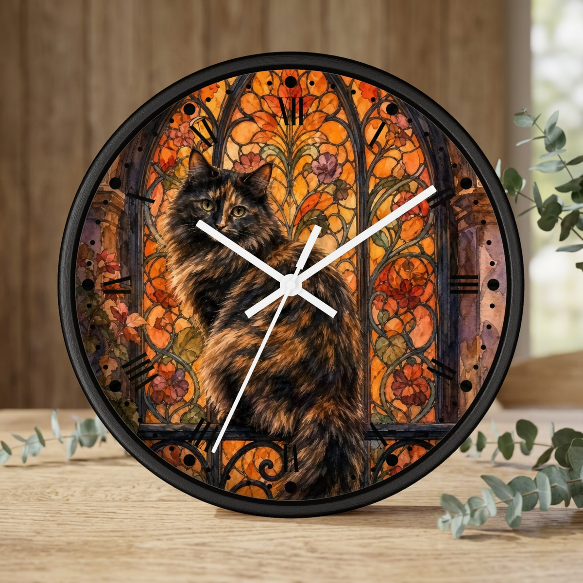 Round wall clock with a black frame and a printed design of a fluffy brown cat in front of an orange stained-glass style floral background, shown standing on a wooden surface with eucalyptus leaves around it.