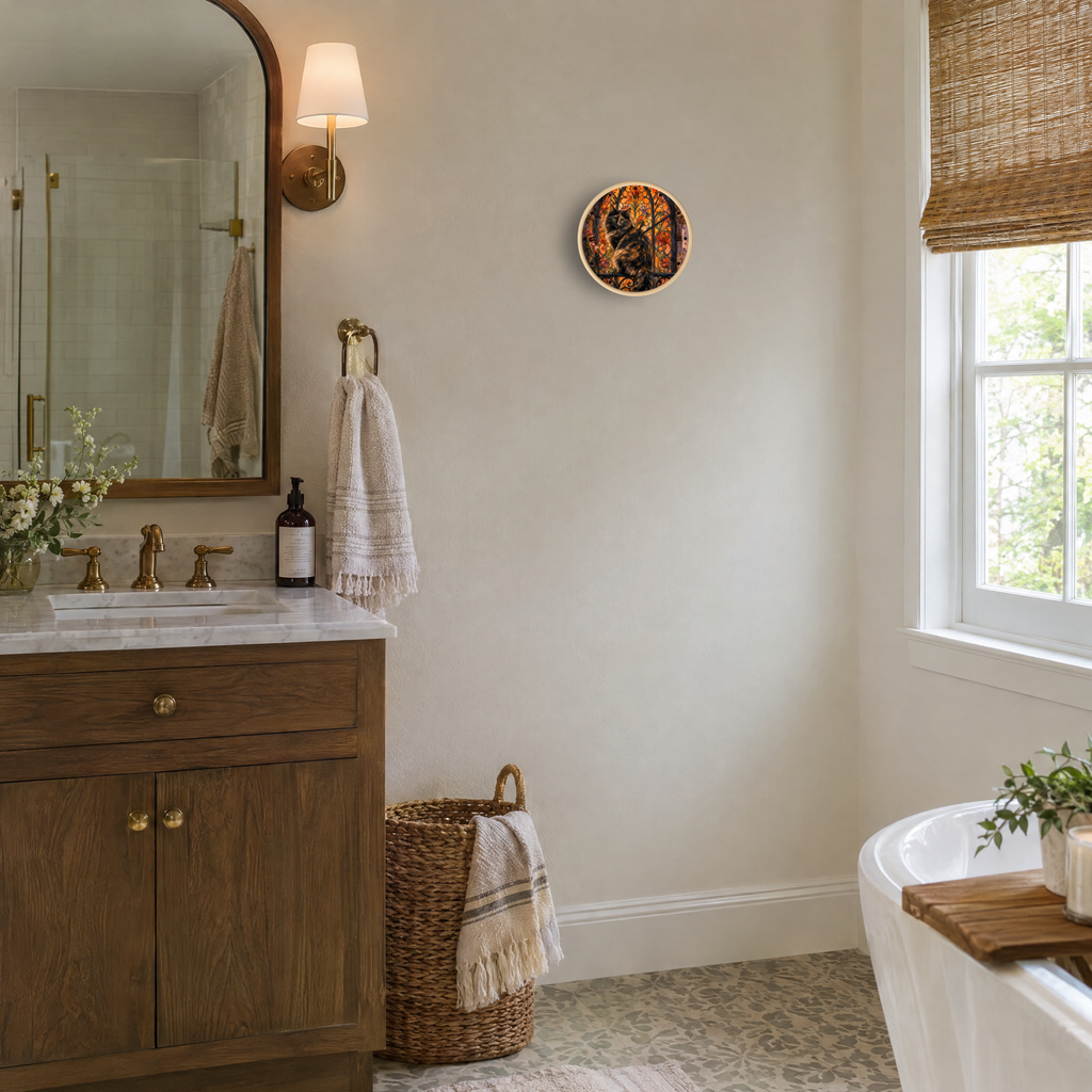 A round decorative wall clock with a black, orange, and gold cat design hangs on a warm beige wall in a styled bathroom setting with a wooden vanity, marble countertop, and a window.