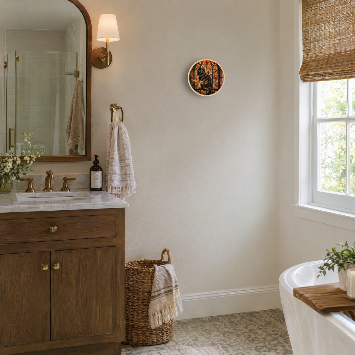 A round decorative wall clock with a black, orange, and gold cat design hangs on a warm beige wall in a styled bathroom setting with a wooden vanity, marble countertop, and a window.