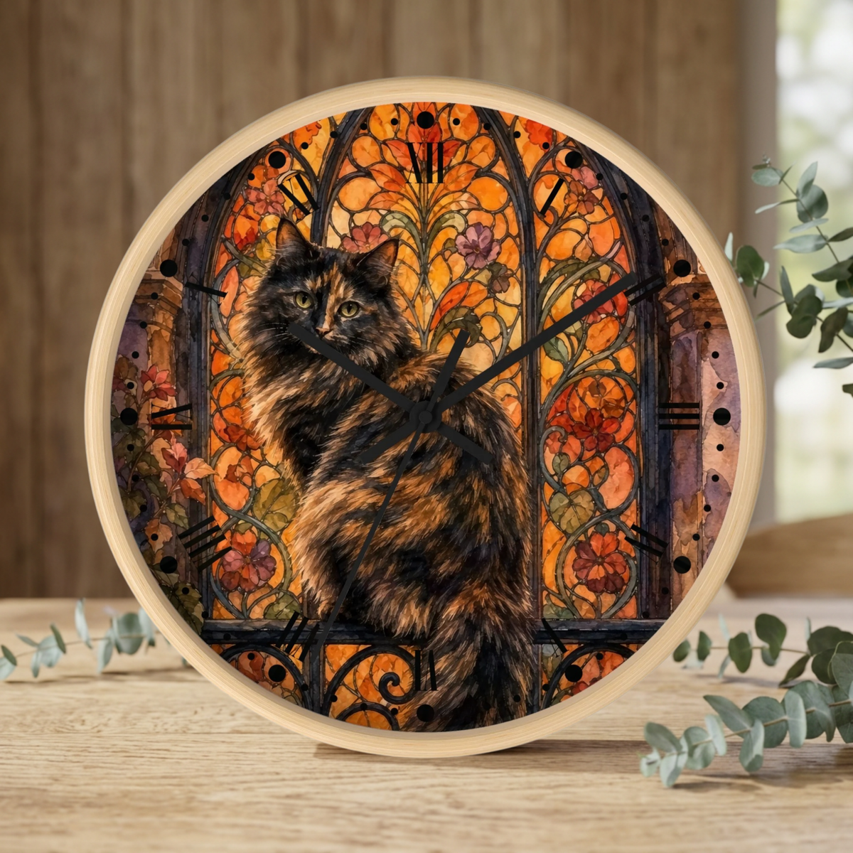 Round wooden clock with a printed design of a fluffy tortoiseshell cat in front of an orange stained-glass window, displayed on a wooden surface with eucalyptus branches.