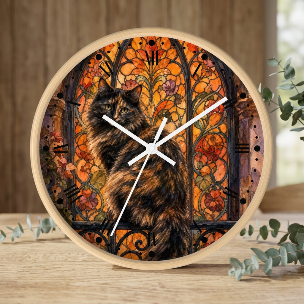 A round wall clock with a light wood frame and white hands, featuring a printed design of a fluffy brown cat in front of an orange stained-glass style floral arch. The clock sits on a wooden surface with eucalyptus branches around it.