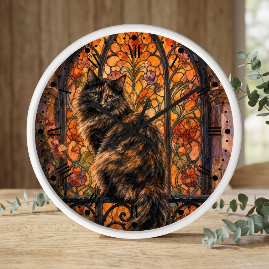 Round wall clock with a white frame and a printed design of a fluffy brown cat in front of an orange stained-glass window, displayed on a wooden surface with eucalyptus branches.