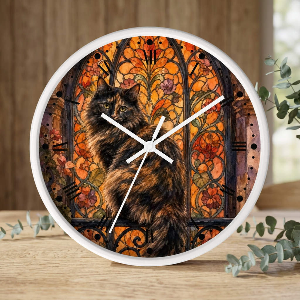 Round wall clock with a white frame, featuring a printed design of a fluffy brown cat in front of an orange stained-glass style window. The clock is shown standing on a wooden surface with eucalyptus branches in the foreground.