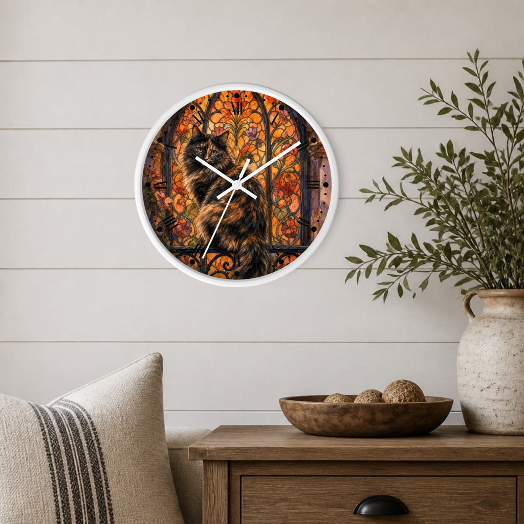 A round wall clock with a white frame hangs on a light beige shiplap wall above a wooden side table. The clock face features a detailed, colorful illustration of a black cat in front of a stained-glass-style window with orange, yellow, and red patterns.