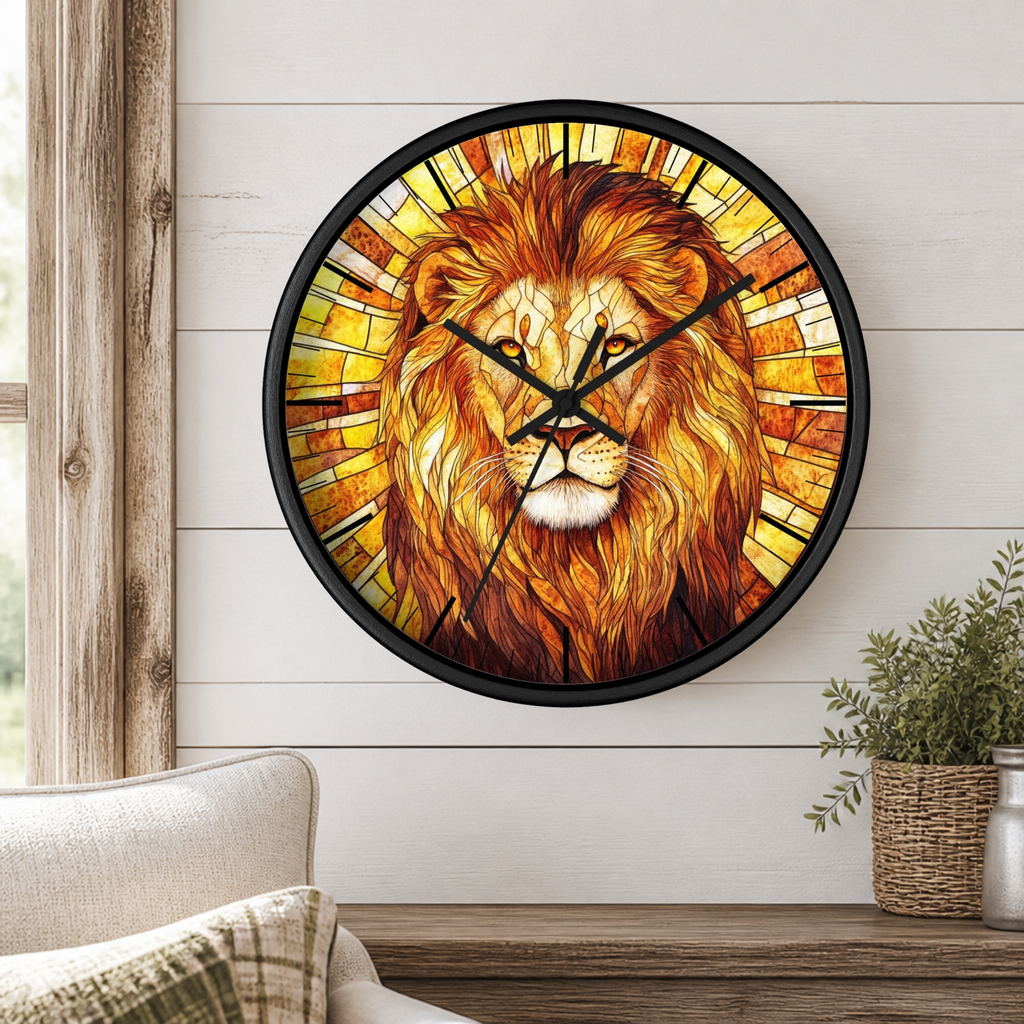 A round wall clock with a black frame and a stained-glass-style lion face design in warm yellow, orange, and brown tones, mounted on a white shiplap wall above a wooden surface with a small plant and part of a chair visible.