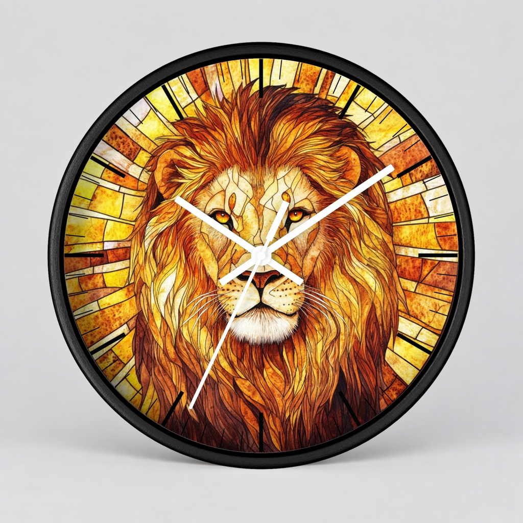 A round wall clock with a black frame and a stained-glass-style illustration of a lion's face in warm yellow, orange, and brown tones. The clock is shown against a light gray background.
