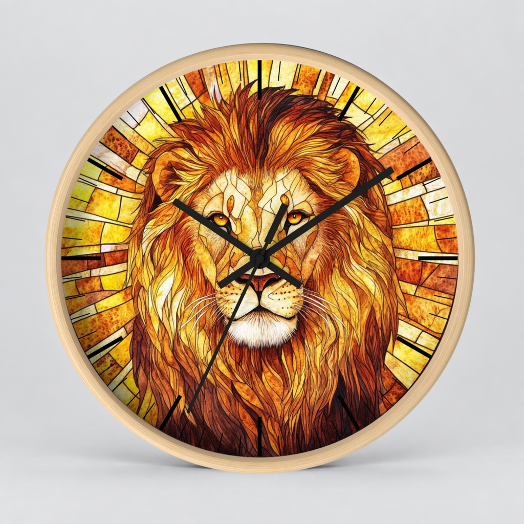 A round wall clock featuring a detailed stained-glass style illustration of a lion's face and mane in warm golden, orange, and yellow tones, with black clock hands and a light wood-toned rim, shown against a neutral light gray background.