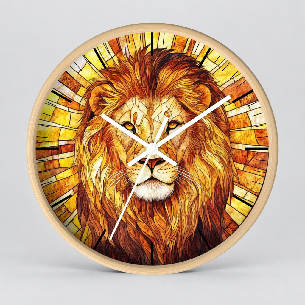 Round wall clock with a light natural wood frame and a detailed stained-glass style illustration of a lion's face in warm golden, orange, and brown tones. The clock has white hands and no visible brand markings, set against a neutral light gray background.