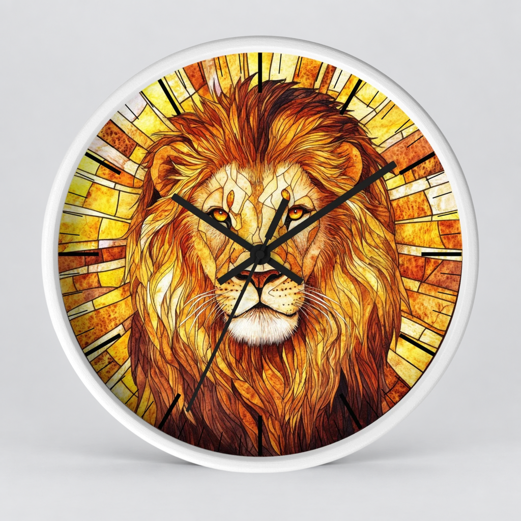 Round wall clock with a white frame and a stained-glass-style lion illustration in warm yellow, orange, and brown tones, shown against a light gray background.