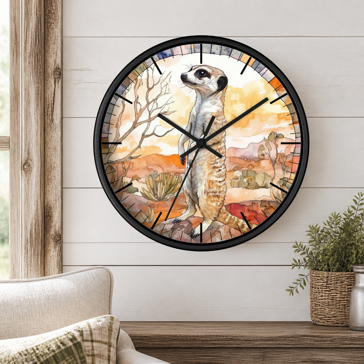 A round wall clock with a black frame and a watercolor-style illustration of a standing meerkat in a desert landscape. The clock is mounted on a white shiplap wall above a wooden console table with a potted plant and part of a sofa visible.