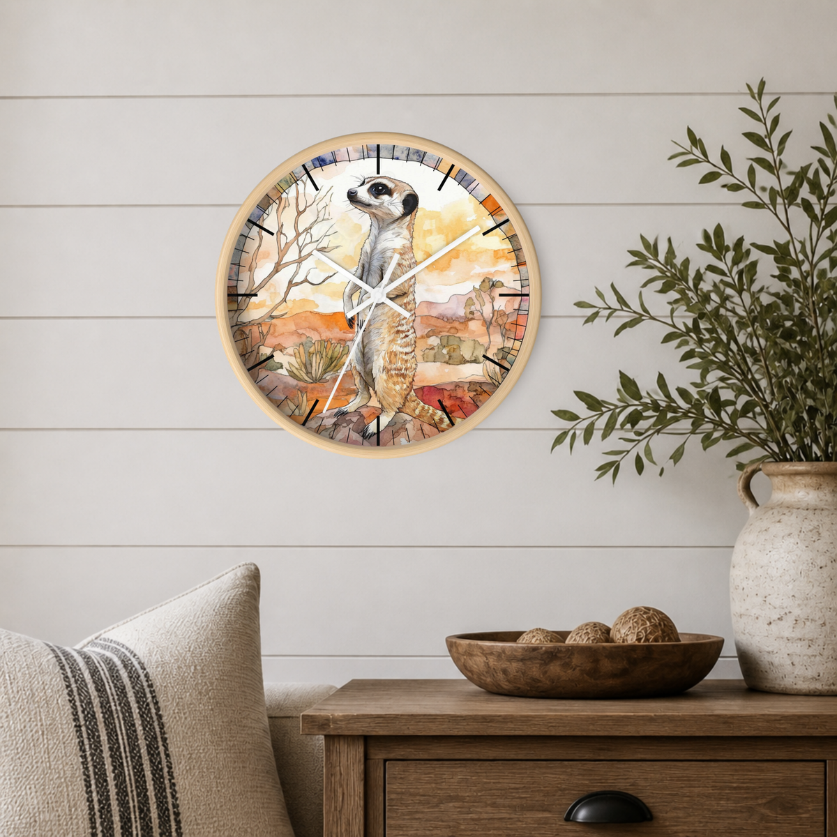 A round wall clock with a watercolor-style desert scene featuring a meerkat, mounted on a white shiplap wall above a wooden side table with a plant and decorative bowl.