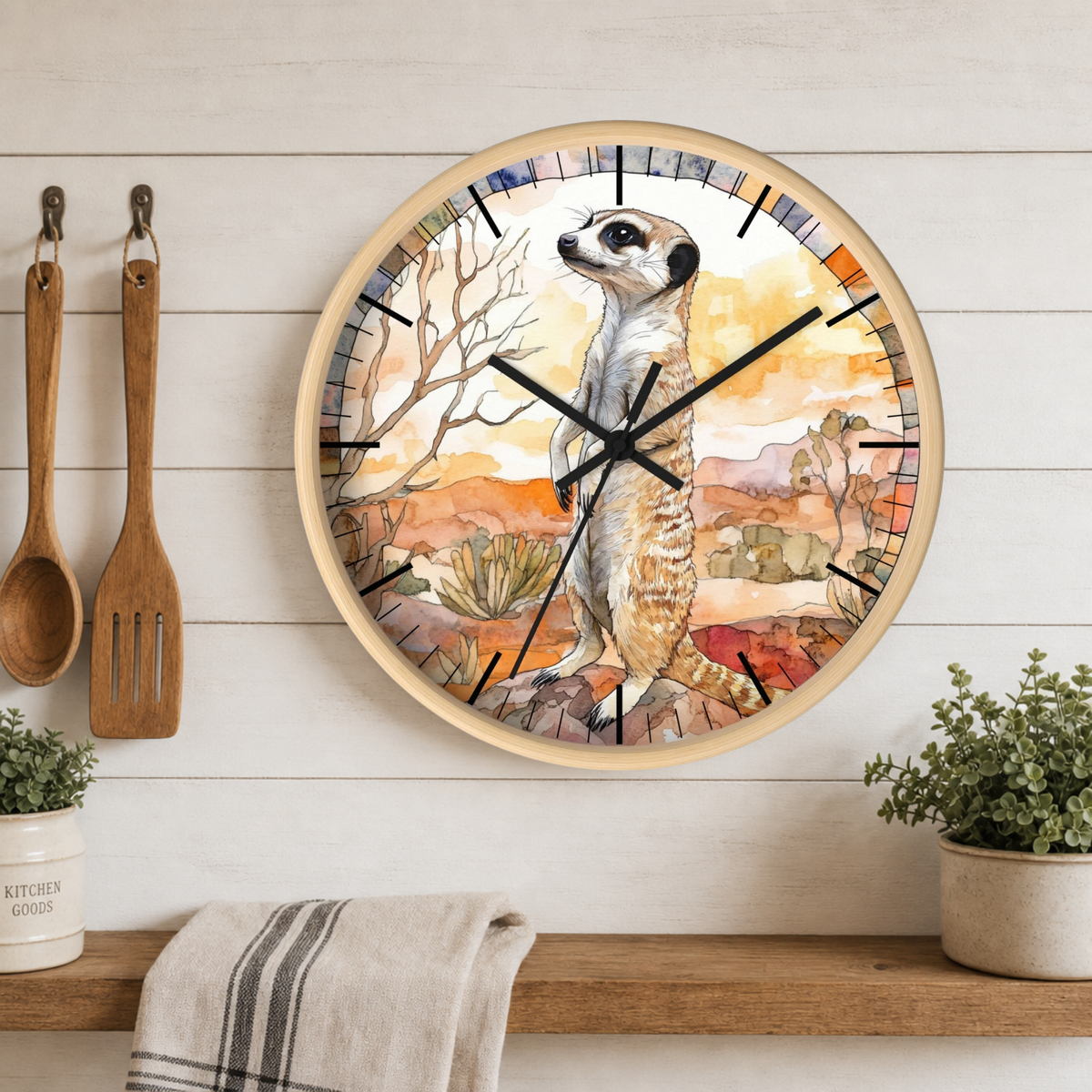 A round wall clock with a light wood frame and a colorful watercolor-style illustration of a standing meerkat in a desert landscape. The clock is mounted on a white wood-paneled wall above a wooden shelf with a towel, potted plants, and hanging wooden kitchen utensils.