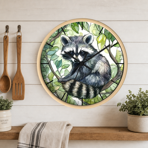 Raccoon Woodland Wall Clock — Watercolor Forest Animal Decor