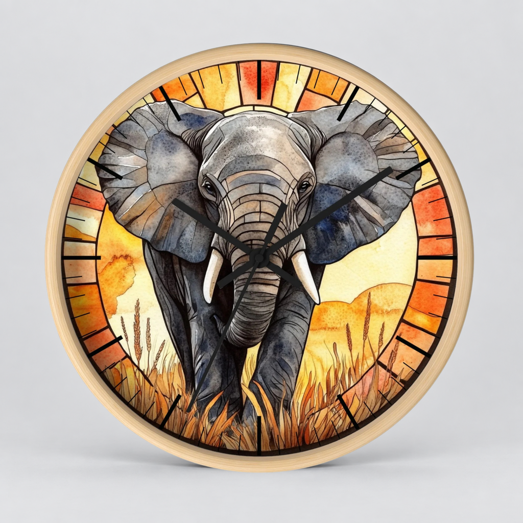 Round wall clock featuring a stained-glass-style illustration of an elephant in a savanna scene with warm orange, yellow, and brown tones, set against a light gray background.