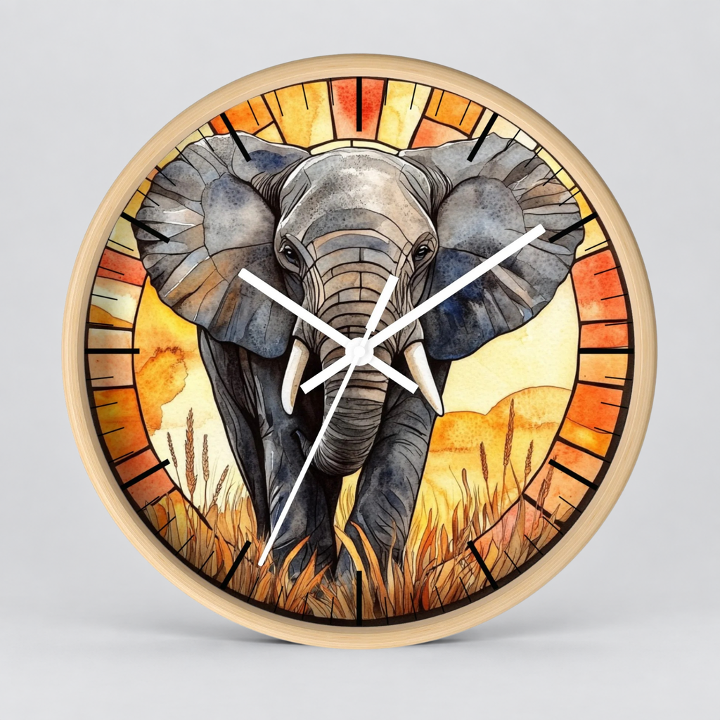 Round wall clock featuring a stained-glass-style illustration of a gray elephant in a golden savanna, with a light wood-toned rim and white clock hands, shown against a neutral gray background.