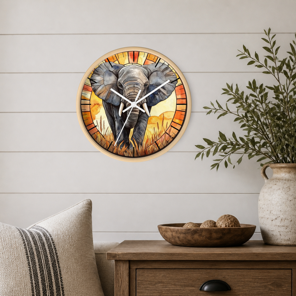 A round wall clock featuring a painted elephant in a warm-toned savanna scene, mounted on a white shiplap wall above a wooden side table with a vase and bowl.