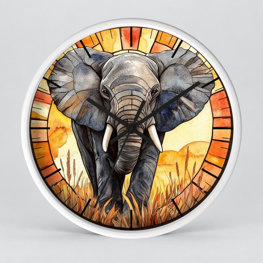 Round wall clock featuring a stained-glass-style illustration of an elephant in warm orange, yellow, and brown tones, with a white outer rim and black hands, shown on a light gray background.