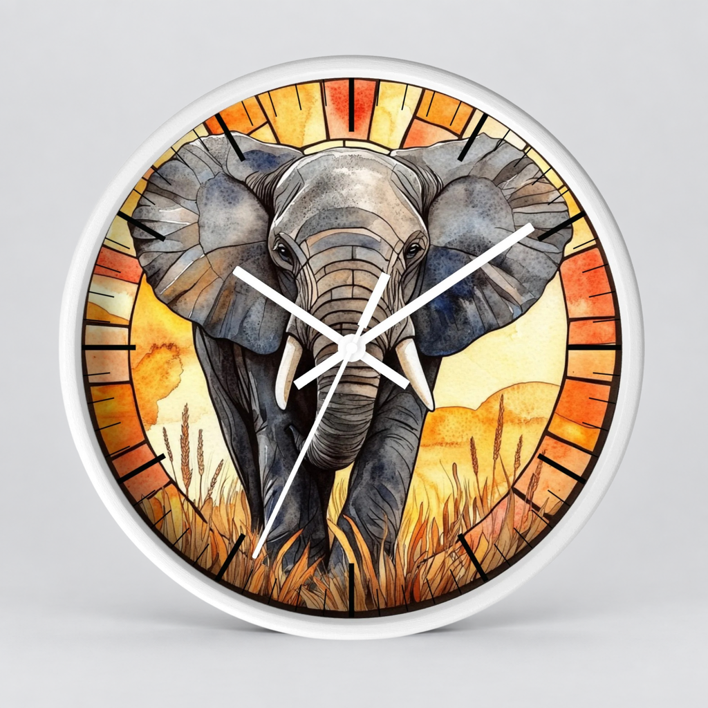 Round wall clock with a white frame and a stained-glass-style illustration of a gray elephant in an orange and yellow savanna scene, shown on a light gray background.
