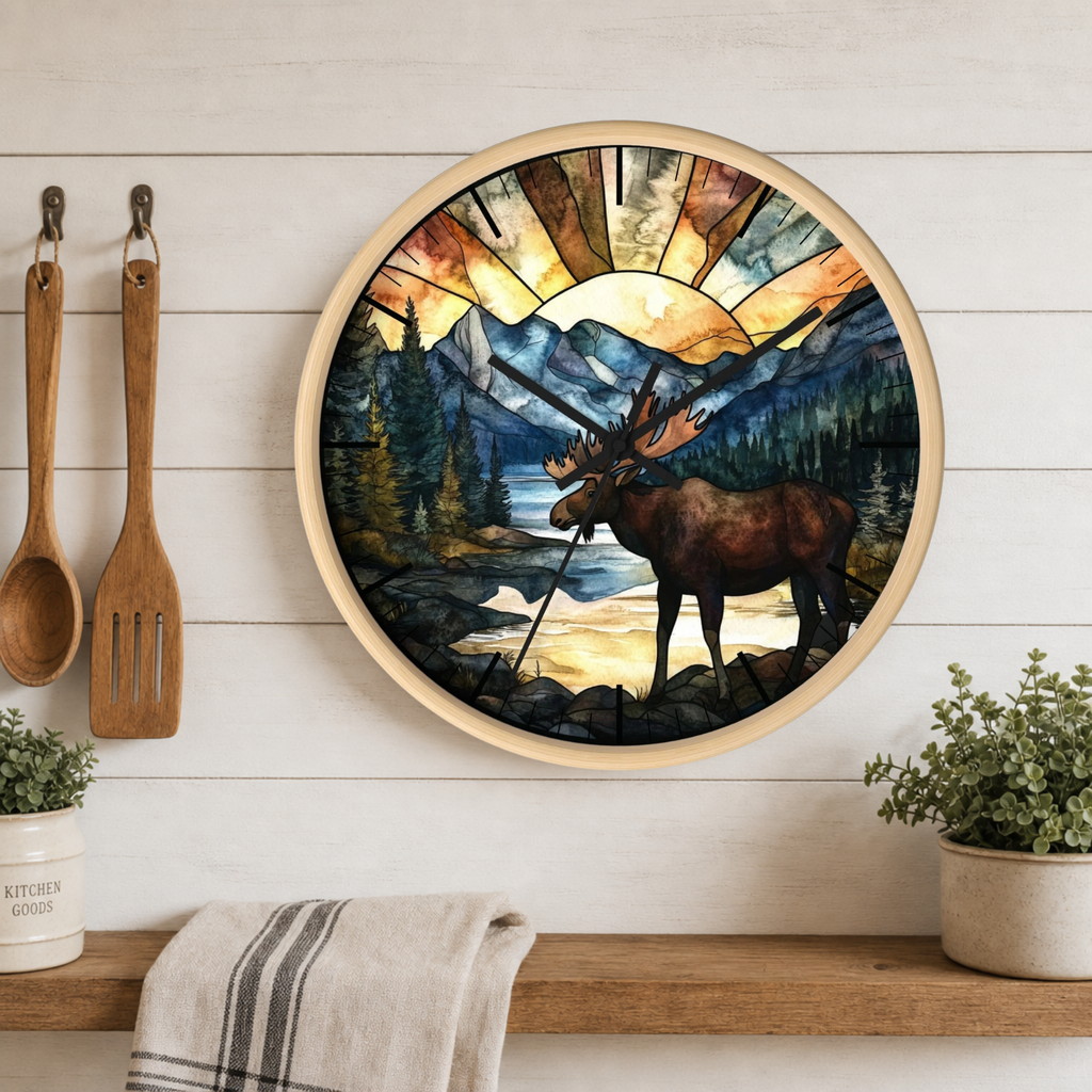 Round stained-glass-style wall art featuring a moose in a mountain landscape at sunset, displayed on a white wood plank wall above a shelf with kitchen utensils and potted plants.