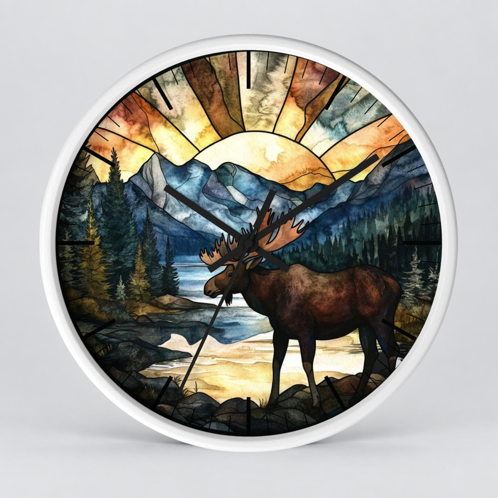 Round wall clock with a white frame and a stained-glass-style nature illustration featuring a moose, mountains, trees, and a glowing sunburst.