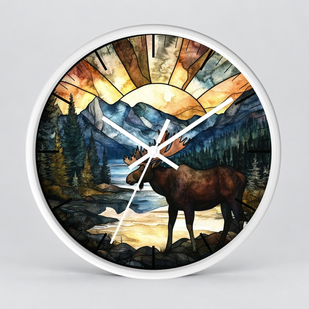 Round wall clock with a white frame and a stained-glass-style nature illustration featuring a moose, mountains, trees, and a glowing sun on a light gray background.