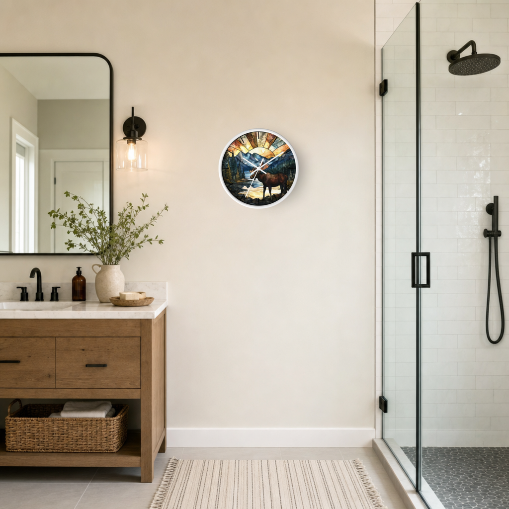 A round wall clock featuring a colorful moose illustration, mounted on a beige wall in a modern bathroom setting with a wooden vanity, mirror, and glass shower enclosure.