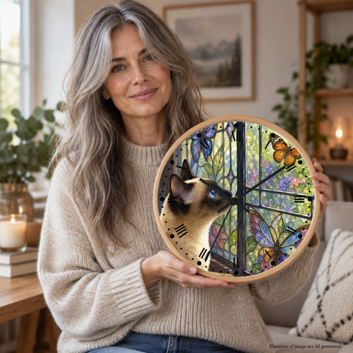 A woman with long gray hair holds a round wall clock in a cozy, decorated room. The clock face features a detailed illustration of a Siamese cat looking up, surrounded by colorful butterflies and floral stained-glass-style patterns, with black clock hands and Roman numerals.