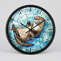 Round wall clock with a black frame and a stained-glass-style illustration of an otter floating on blue water, shown against a light gray background.