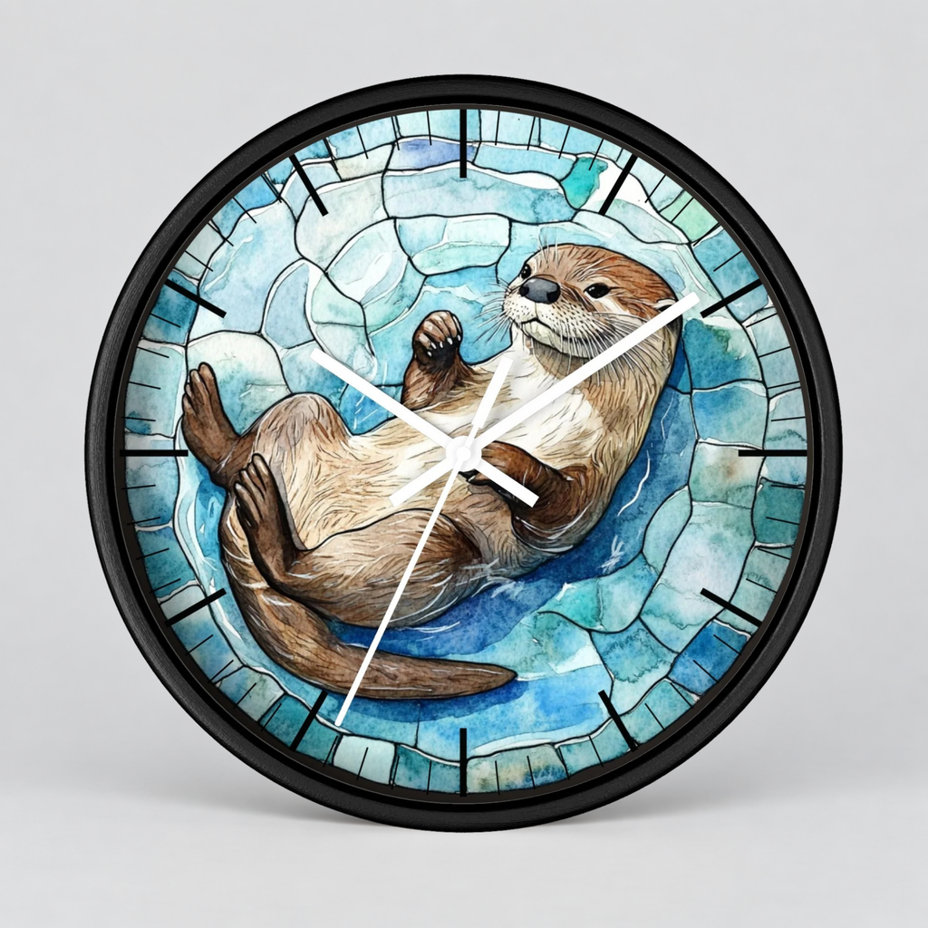 Round wall clock with a black frame and a stained-glass-style illustration of an otter floating on blue water, shown against a light gray background.