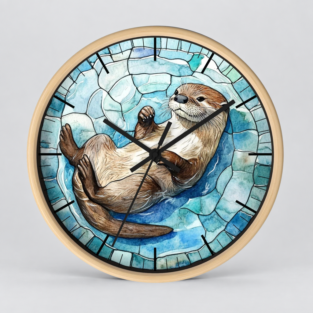 Round wall clock with a light wood frame and a stained-glass-style illustration of an otter floating on blue water, shown against a light gray background.