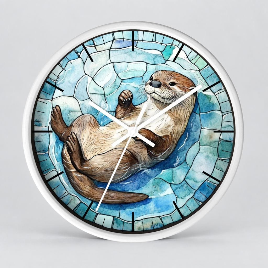 Round wall clock with a white frame and a stained-glass-style illustration of an otter floating on blue water, with white clock hands and black hour markers.