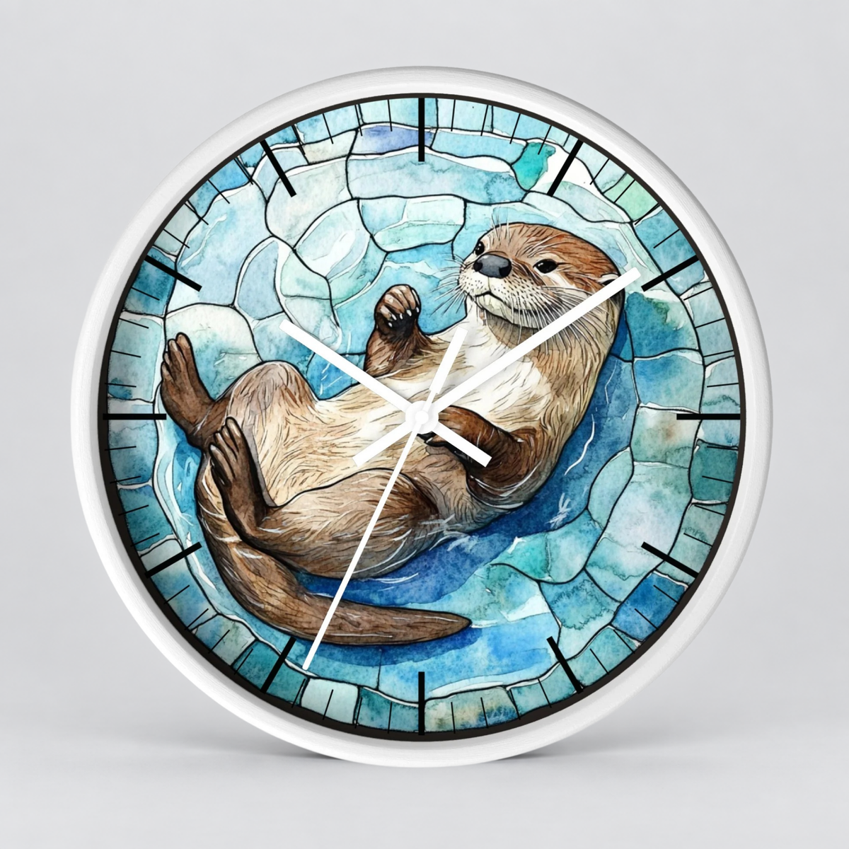 Round wall clock with a white frame and a stained-glass-style illustration of an otter floating on blue water, with white clock hands and black hour markers.