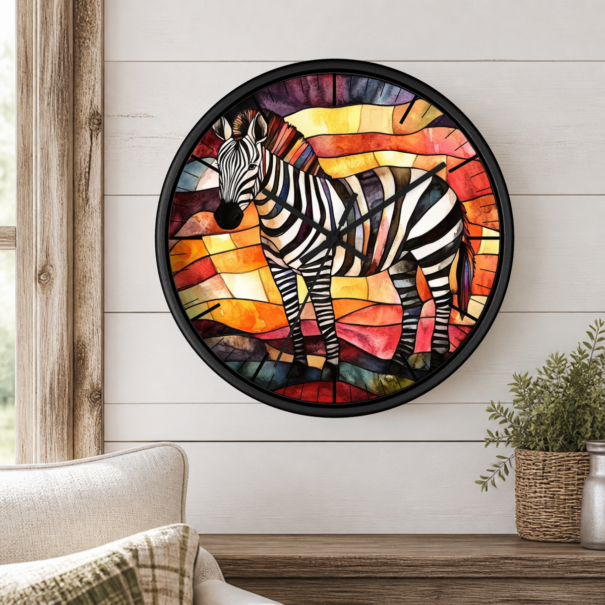 A round stained-glass-style wall art piece featuring a zebra, displayed on a white shiplap wall above a wooden console table with a chair and potted plant nearby.