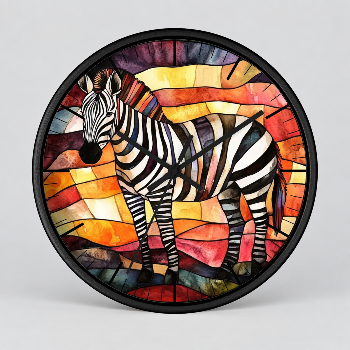 A round wall clock featuring a stylized zebra illustration in a stained-glass-inspired multicolor design with black and white stripes over red, orange, yellow, and purple geometric panels, set in a black frame against a light gray background.