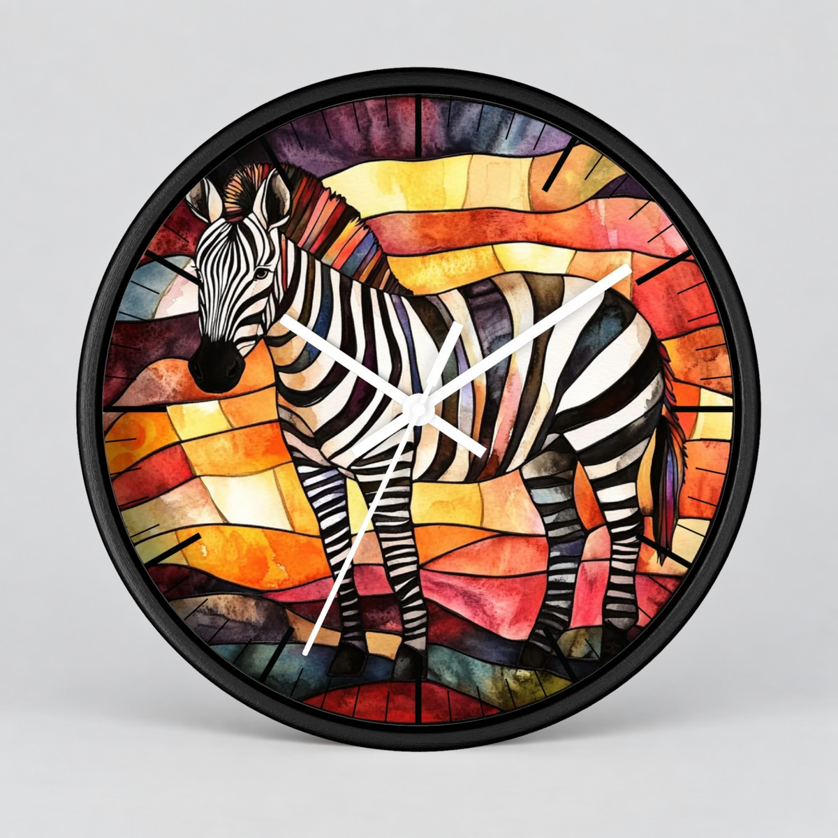 A round wall clock with a black frame and white clock hands, featuring a colorful stained-glass-style illustration of a zebra on a light gray background.