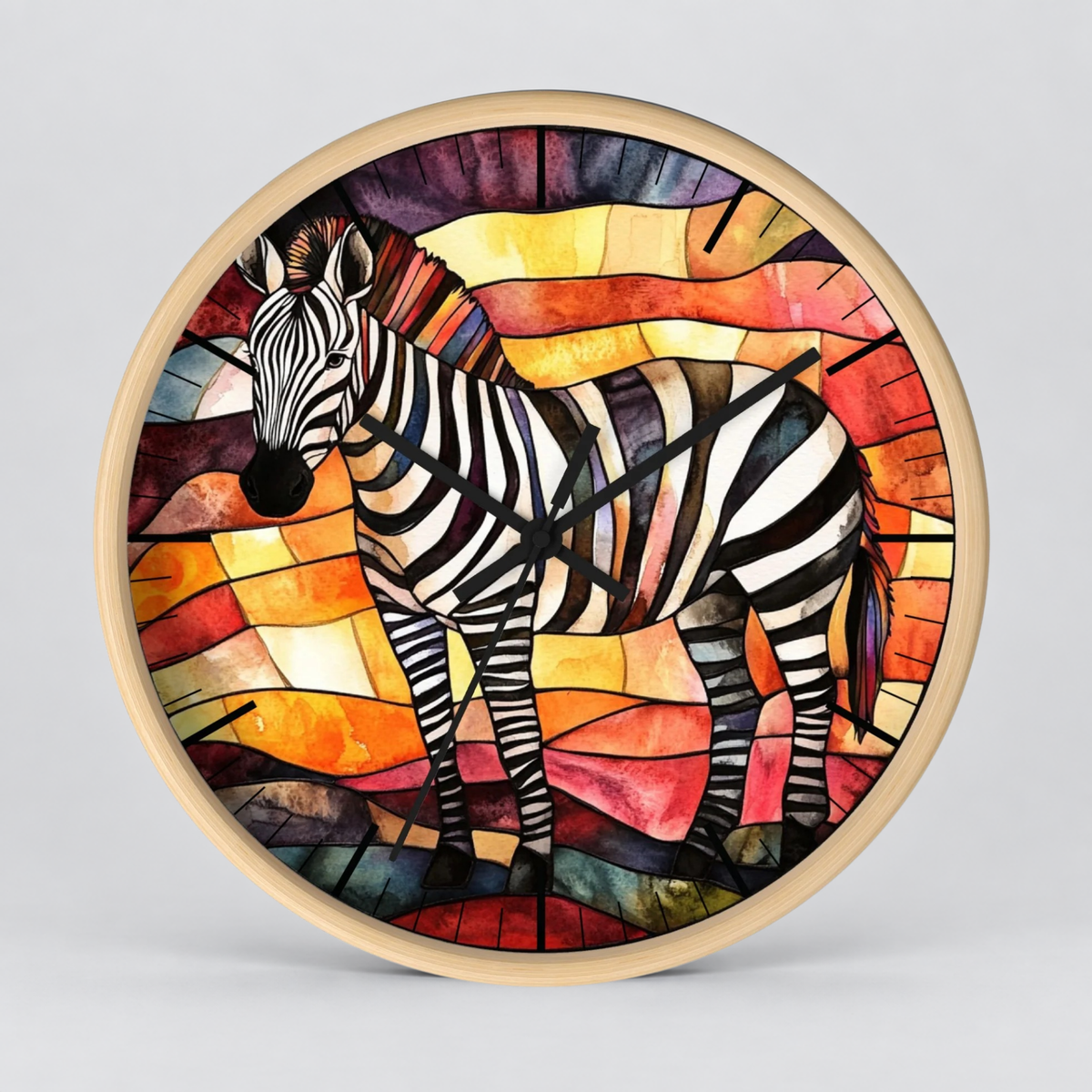 Round wall clock with a stained-glass-style zebra illustration and a light wood frame, shown against a plain light gray background.