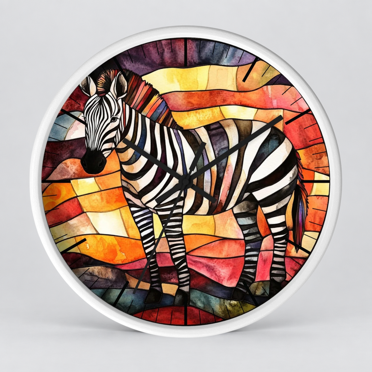 Round wall clock with a white frame and a colorful stained-glass-style zebra illustration on the face, shown against a light gray background.