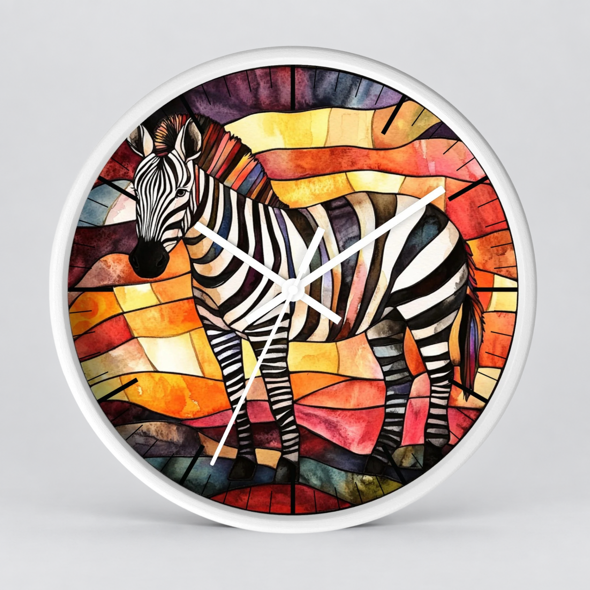 A round wall clock with a white frame and a colorful stained-glass-style zebra illustration on the face, shown against a light gray background.