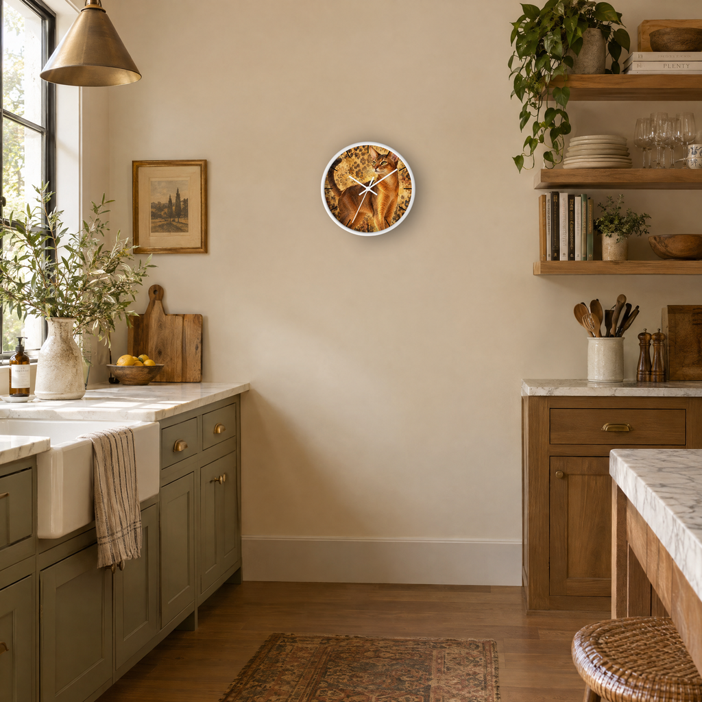 A round wall clock with a rustic wood grain pattern and white hands, mounted on a beige wall in a styled kitchen setting.