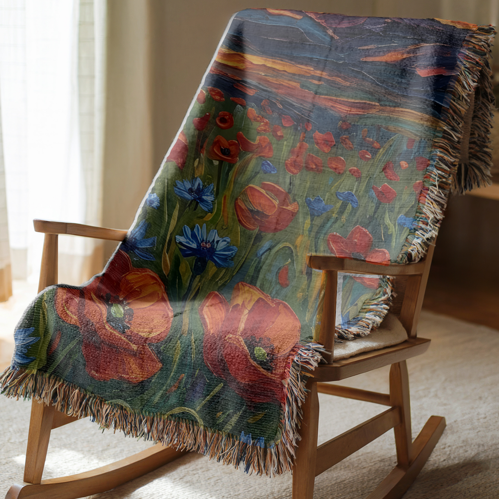 Colorful woven blanket draped over a wooden rocking chair.