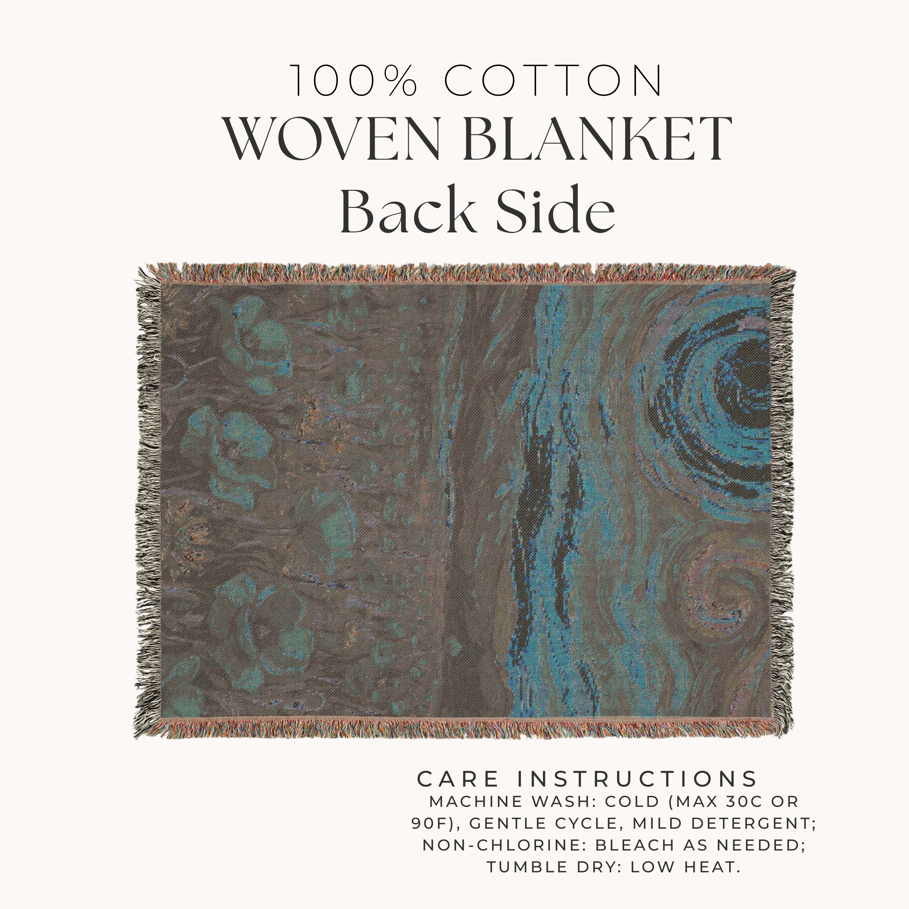 Back side of woven blanket with abstract pattern on a white background