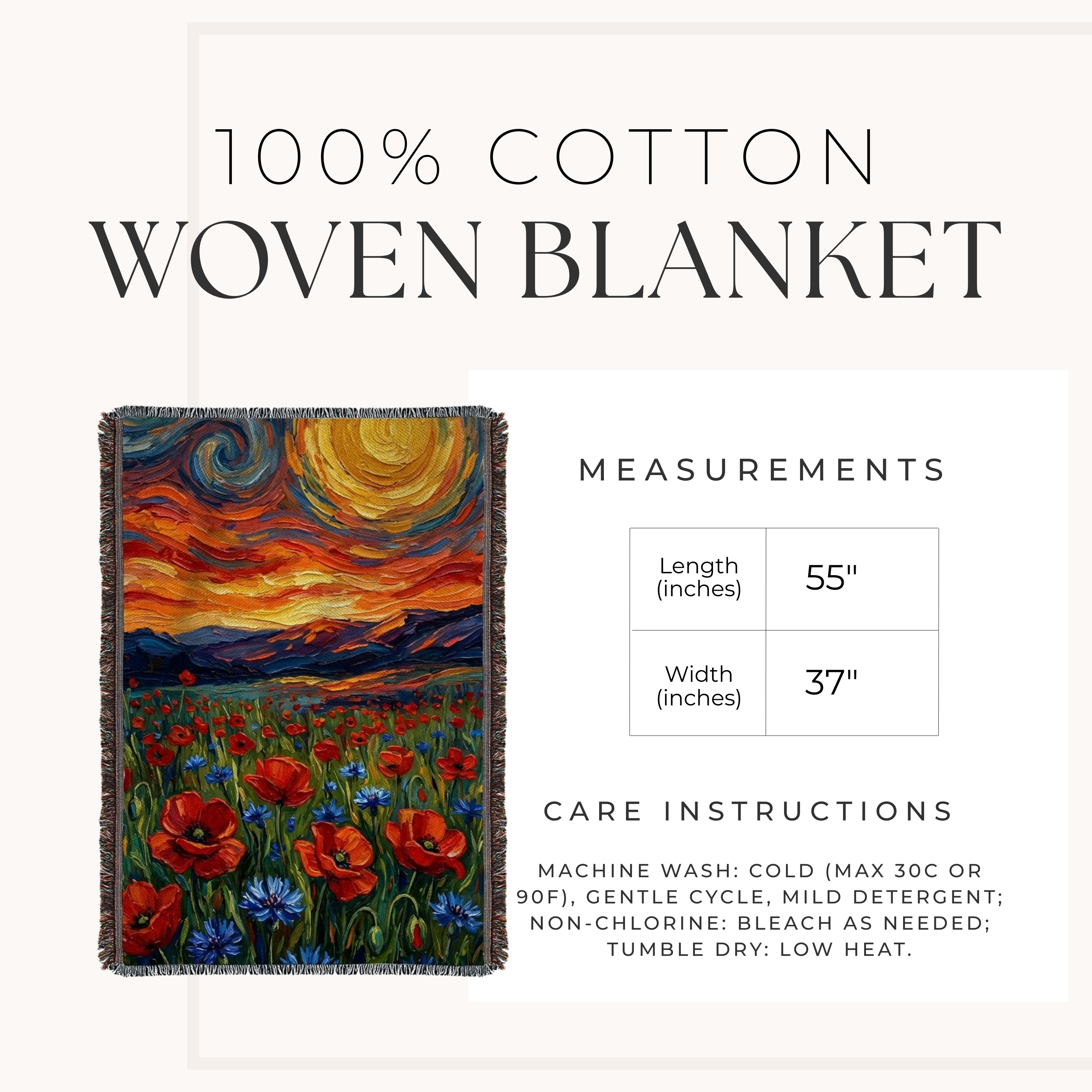 Woven blanket with a landscape design featuring a sun, mountains, and flowers, displayed with measurements and care instructions.