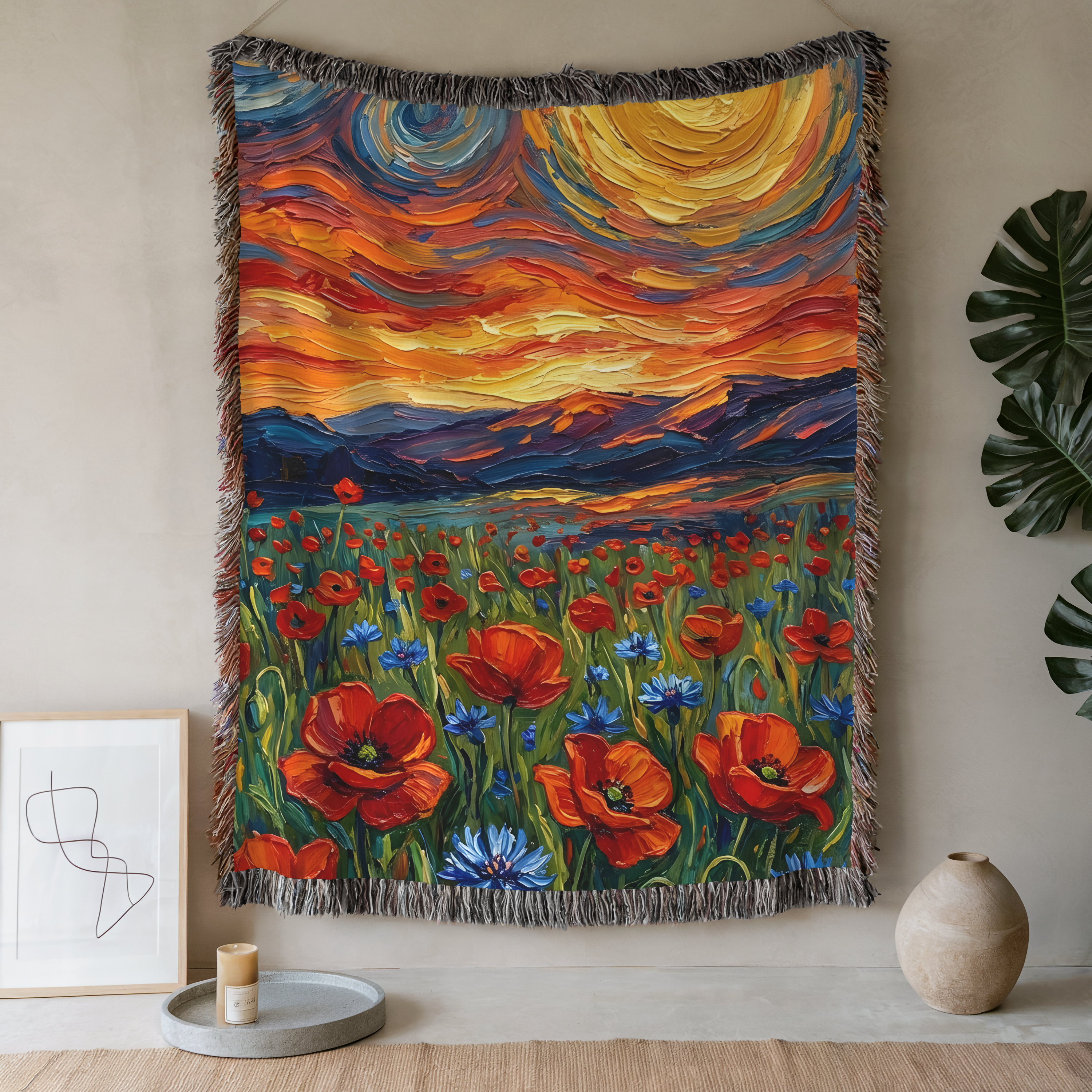 Colorful tapestry with a landscape design featuring poppy flowers and mountains, hanging on a wall.
