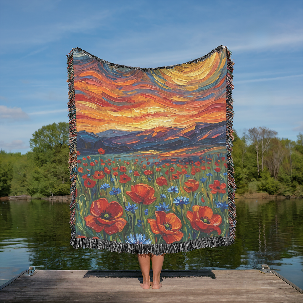 Person holding a colorful woven blanket with a sunset and poppy flower design over a lake.