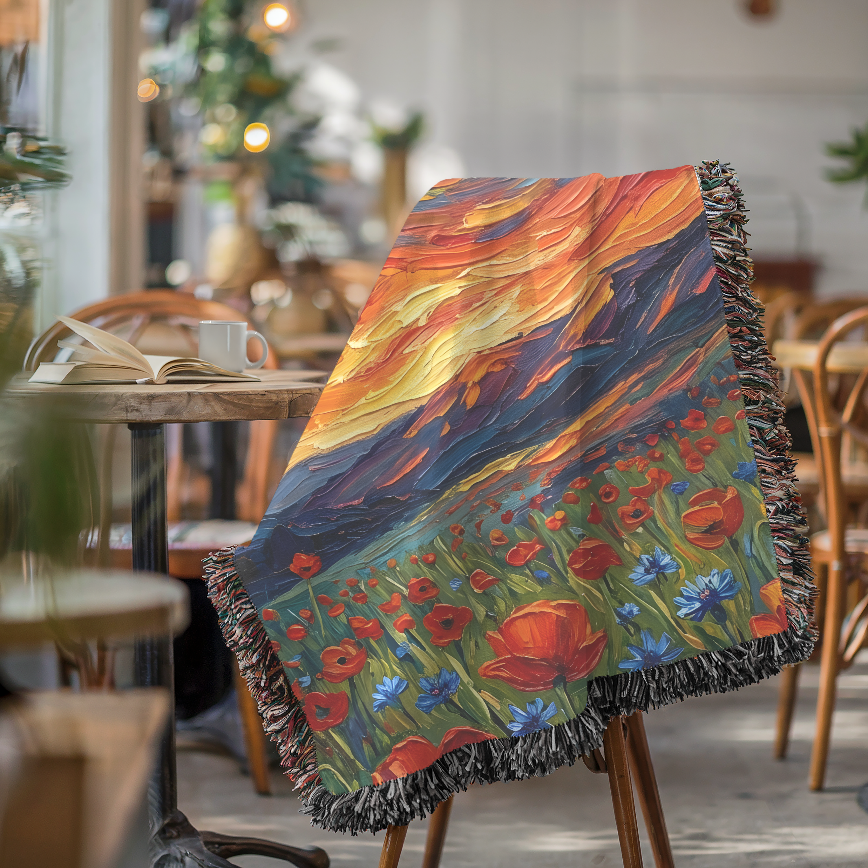 Colorful floral woven blanket draped over a chair in a cozy indoor setting.