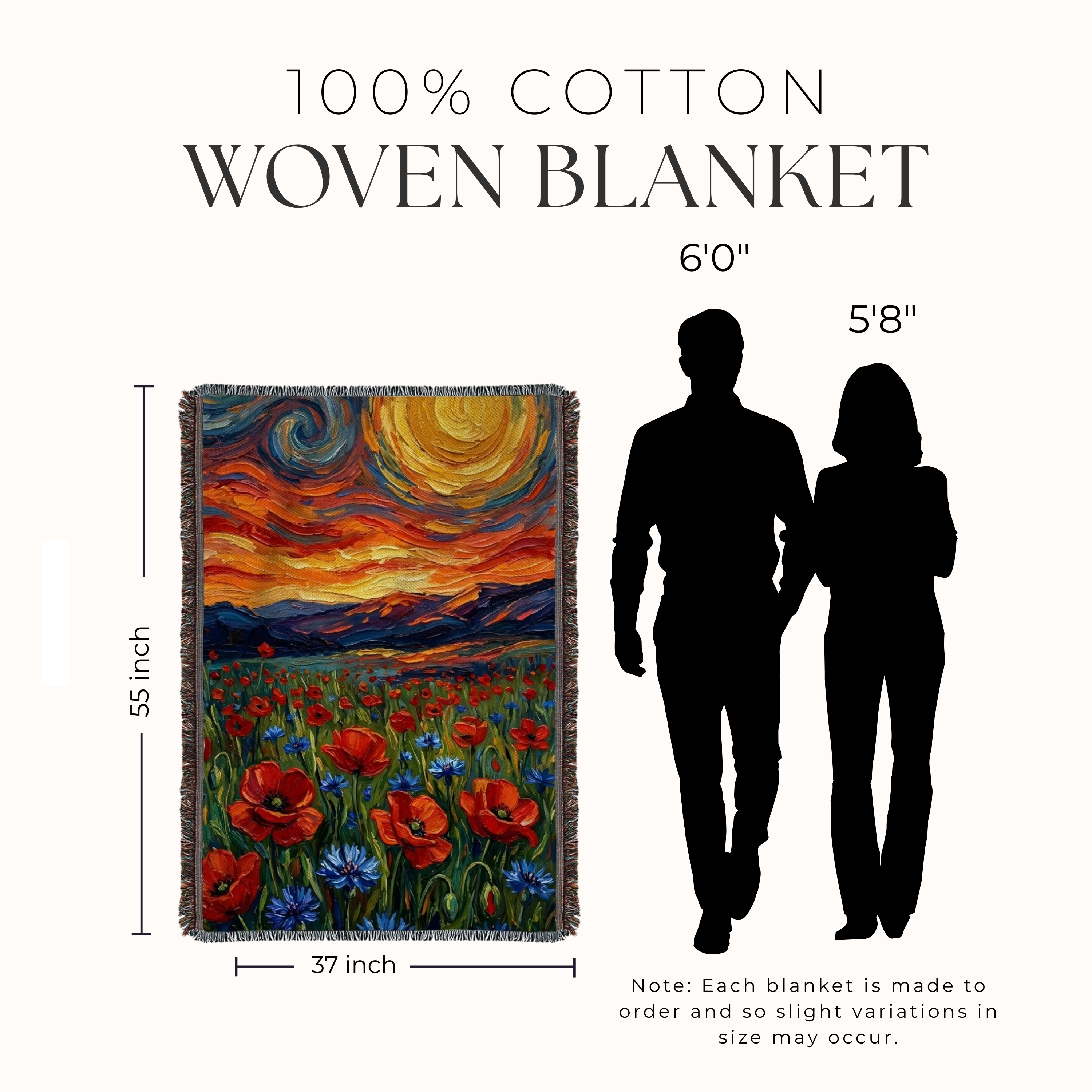 Woven blanket with colorful design and dimensions displayed, along with a silhouette of two people for scale.
