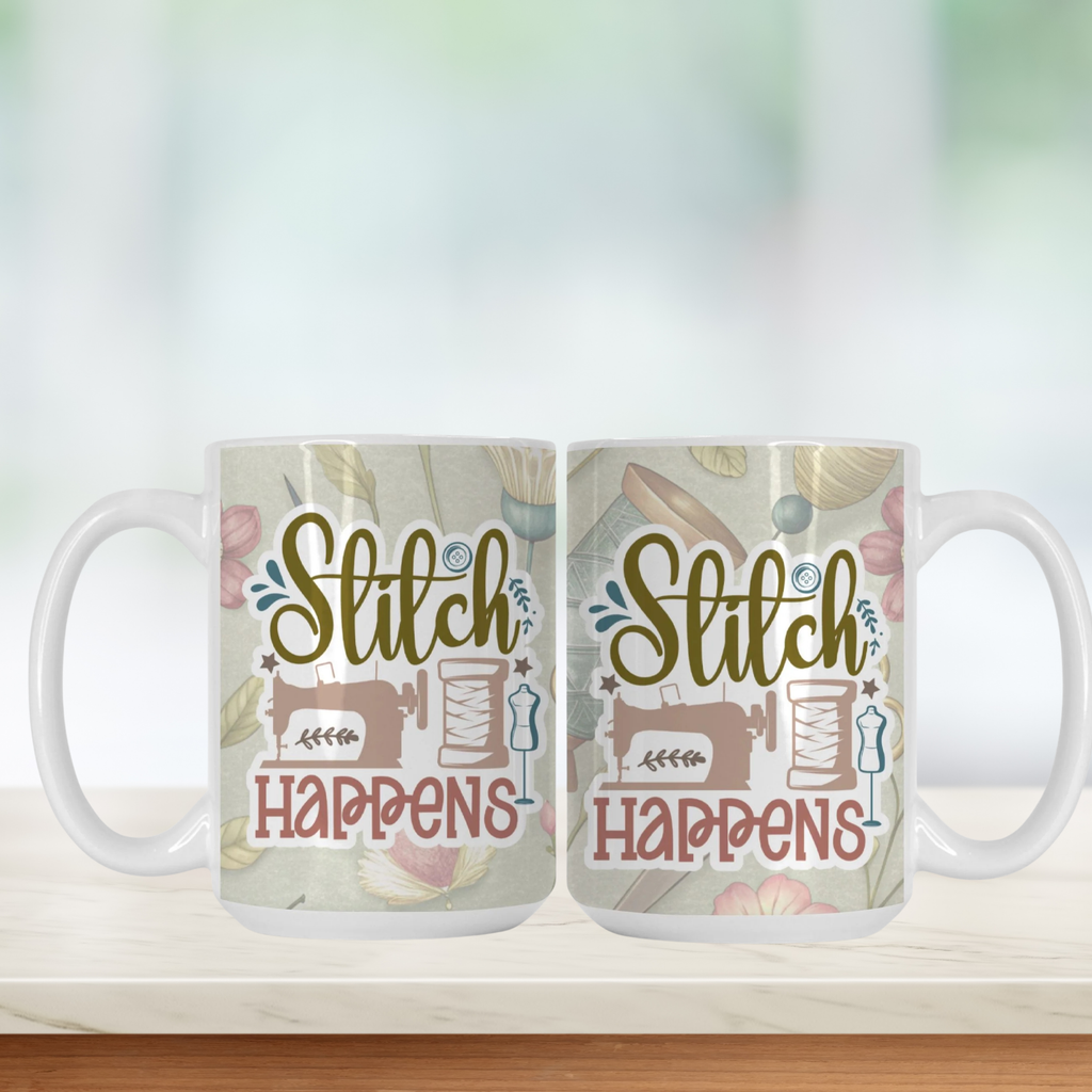 Two mugs with 'Stitch Happens' text and sewing-themed design on a blurred background