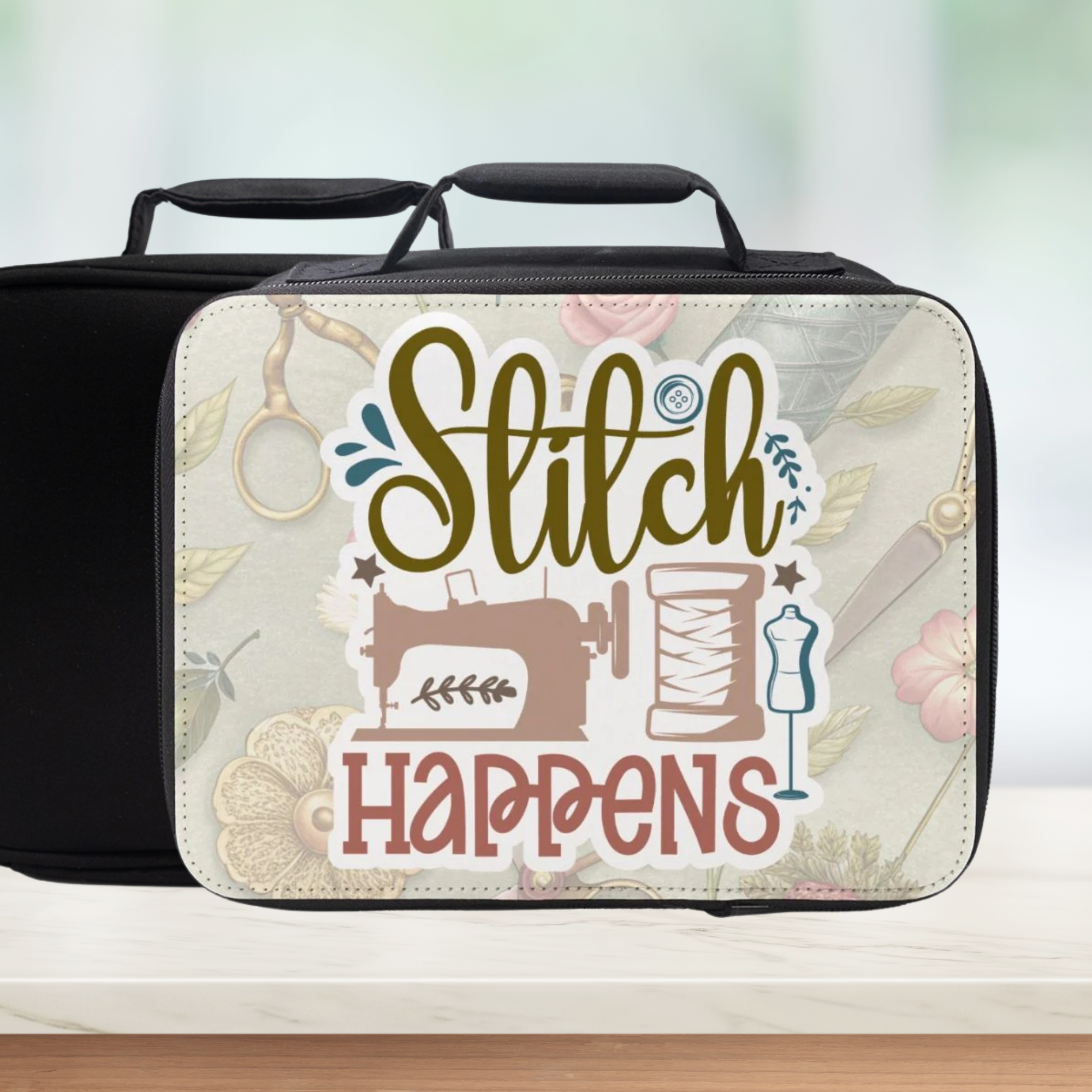Insulated lunch bag with 'Stitch Happens' text and sewing-themed design on a light background