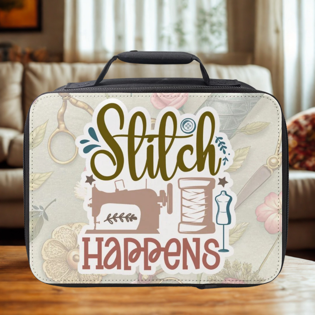 Sewing-themed lunch bag with 'Stitch Happens' text on a wooden surface.